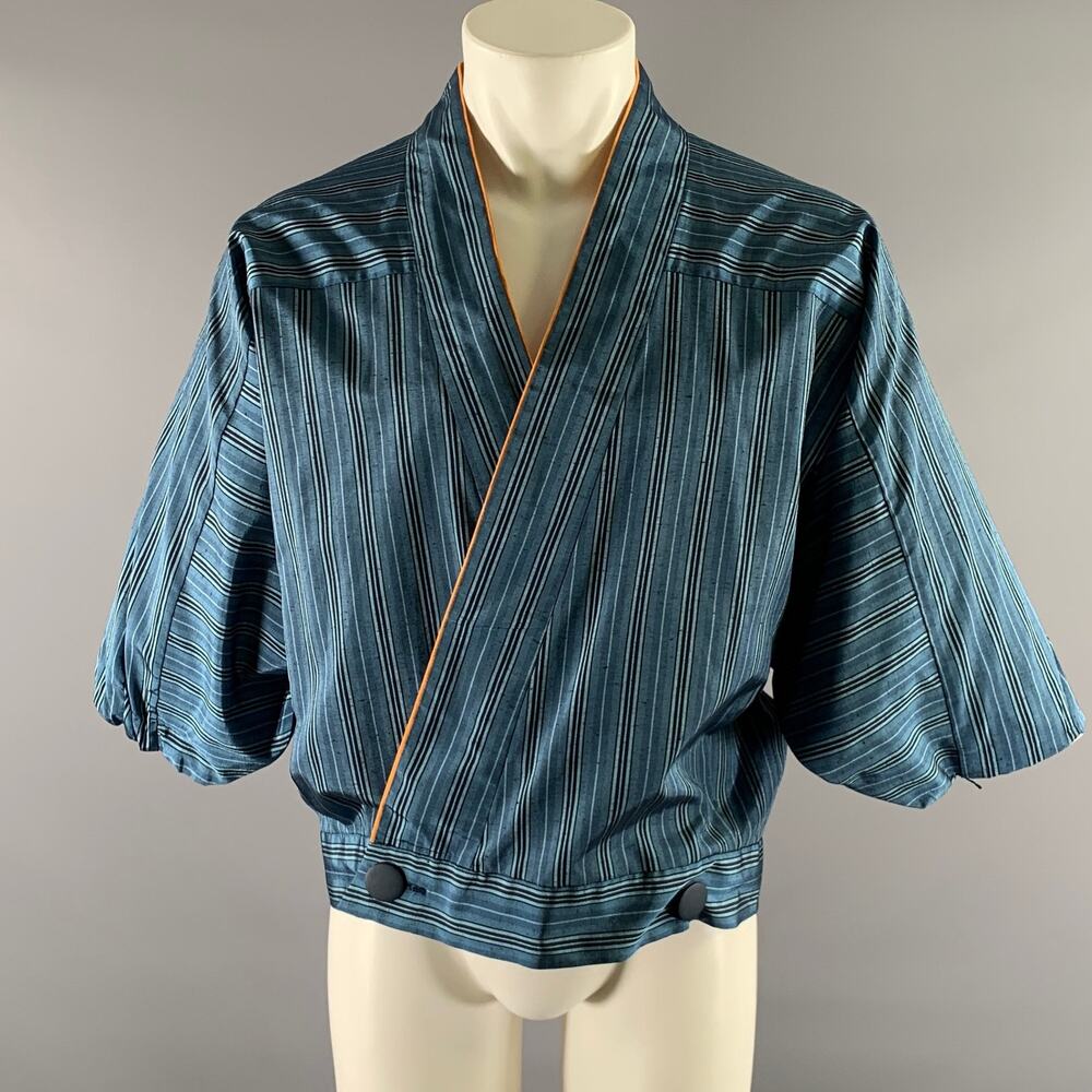 Size L Blue Orange Stripe Polyester Blend Shawl Collar Shirt